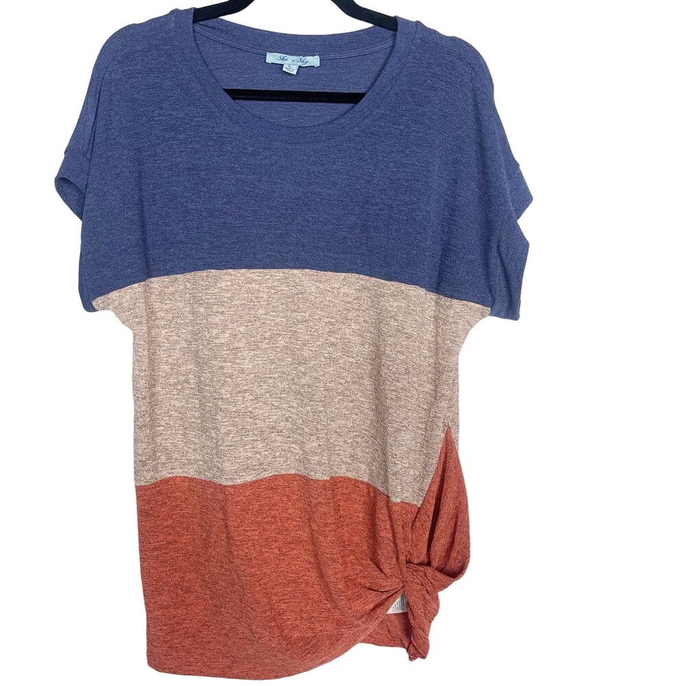 New She + Sky Large L Blue Brown Orange Twist Front Color Block Striped Shirt